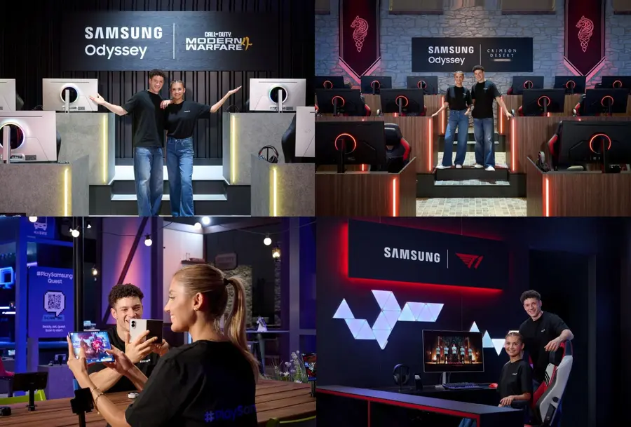 (From the upper left, clockwise) A Samsung Electronics model introduces the ‘Call of Duty®: Modern Warfare 4 Experience Zone’ and the ‘Black Myth: Wukong Experience Zone,’ along with the ‘T1 Zone’ and the ‘Galaxy Zone’ at ‘Gamescom 2026’ held in Cologne, Germany. Photo=Samsung Electronics