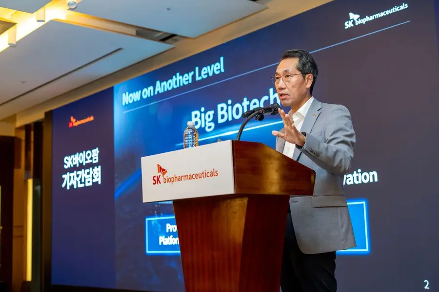 SK Biopharm CEO Lee Dong-hoon speaks during a press conference on the 26th. Photo=SK Biopharm